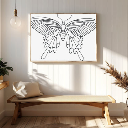 This exquisite line art butterfly illustration encapsulates grace and elegance on a minimalist for Hallway