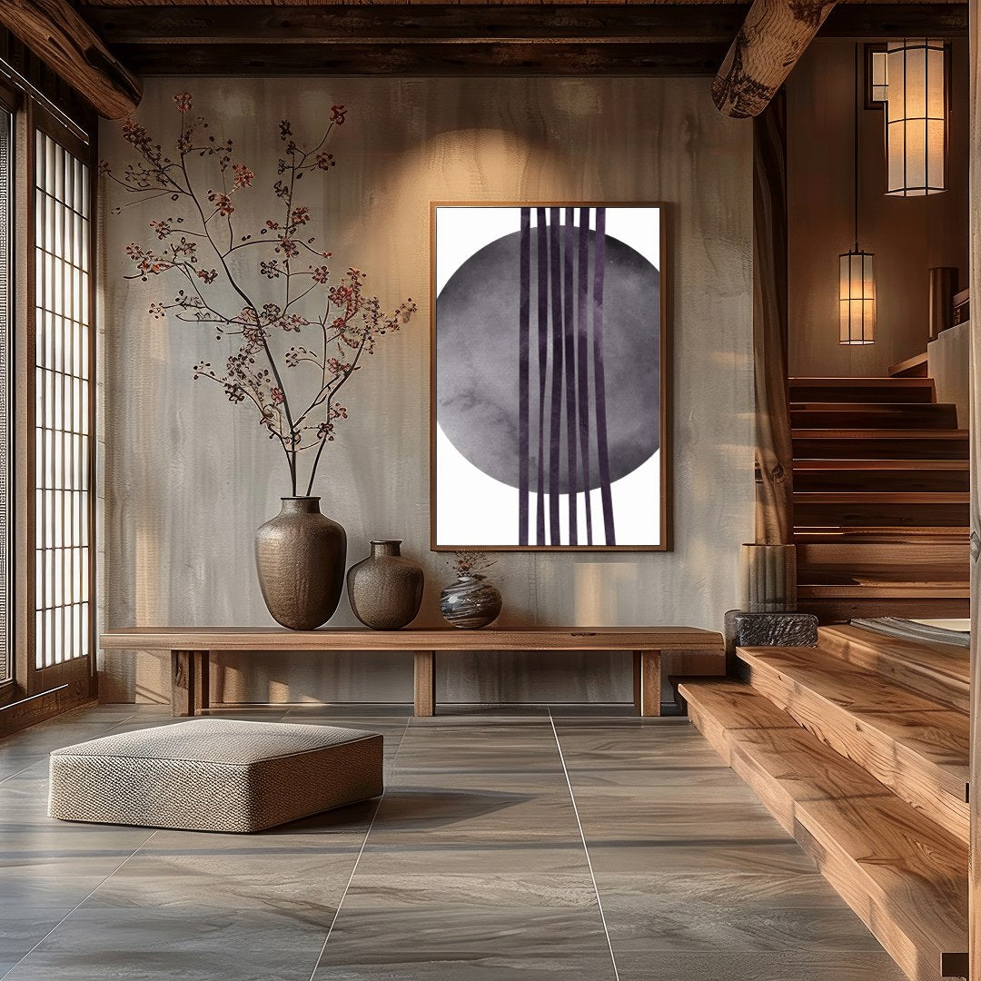 This captivating piece blends the serenity of a shadowy circle with bold linear elements. The for Hall