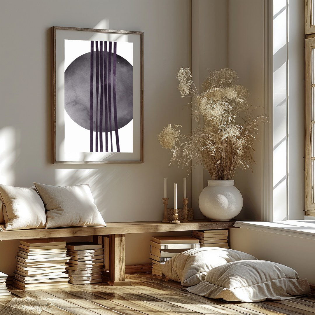 This captivating piece blends the serenity of a shadowy circle with bold linear elements. The for house
