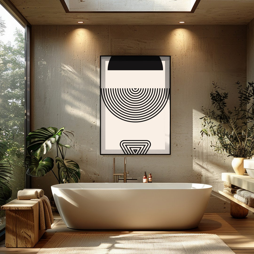 Experience the captivating balance of form with this minimalist geometric print. Featuring for Bathroom