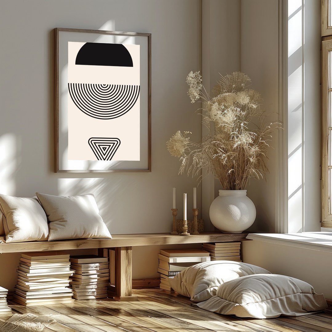 Experience the captivating balance of form with this minimalist geometric print. Featuring for decor