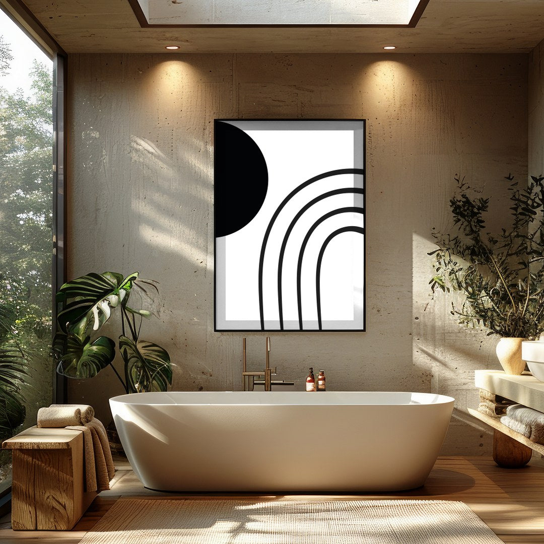Embrace the modern elegance of this minimalist black and white wall art. Featuring bold geometric for Bathroom