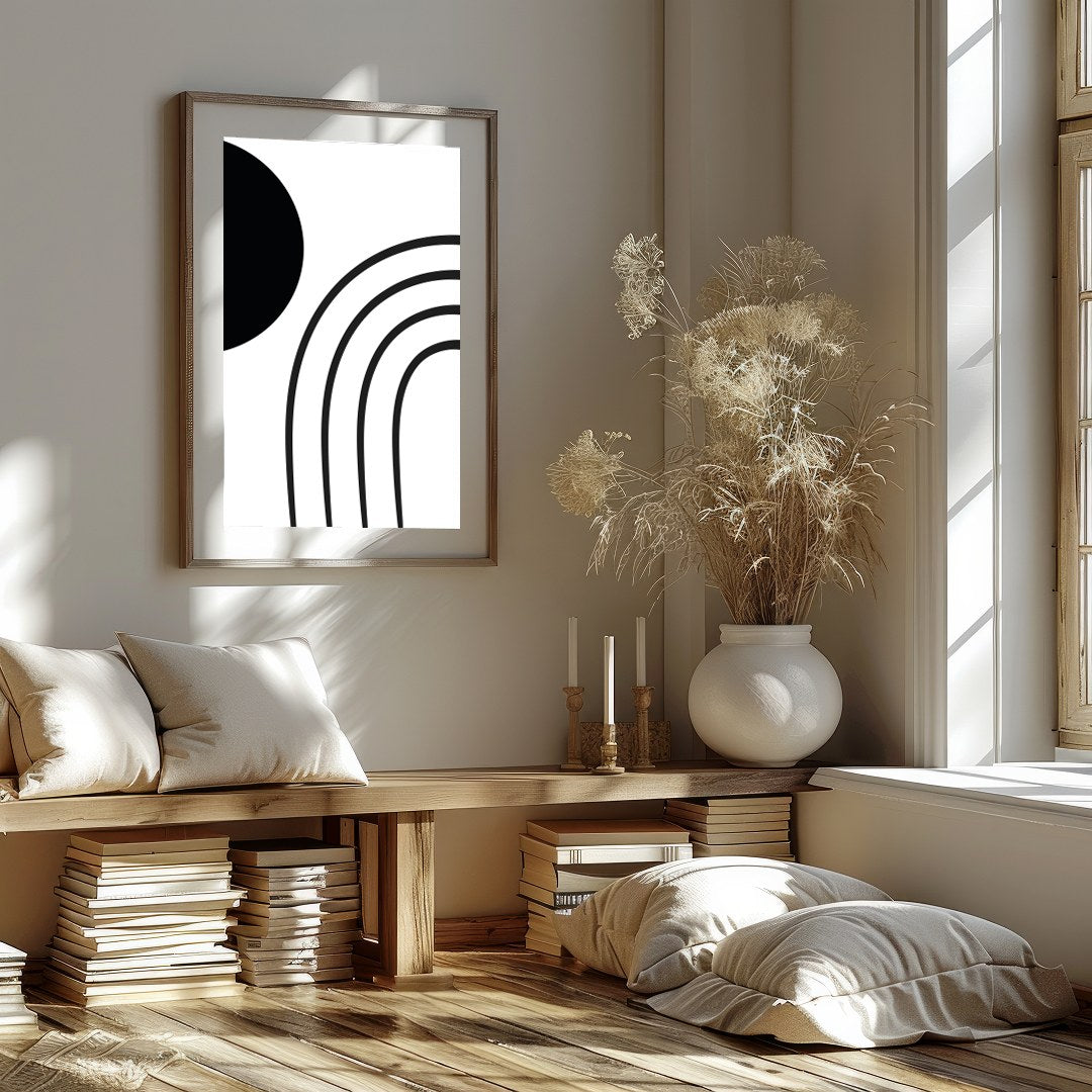 Embrace the modern elegance of this minimalist black and white wall art. Featuring bold geometric for interior