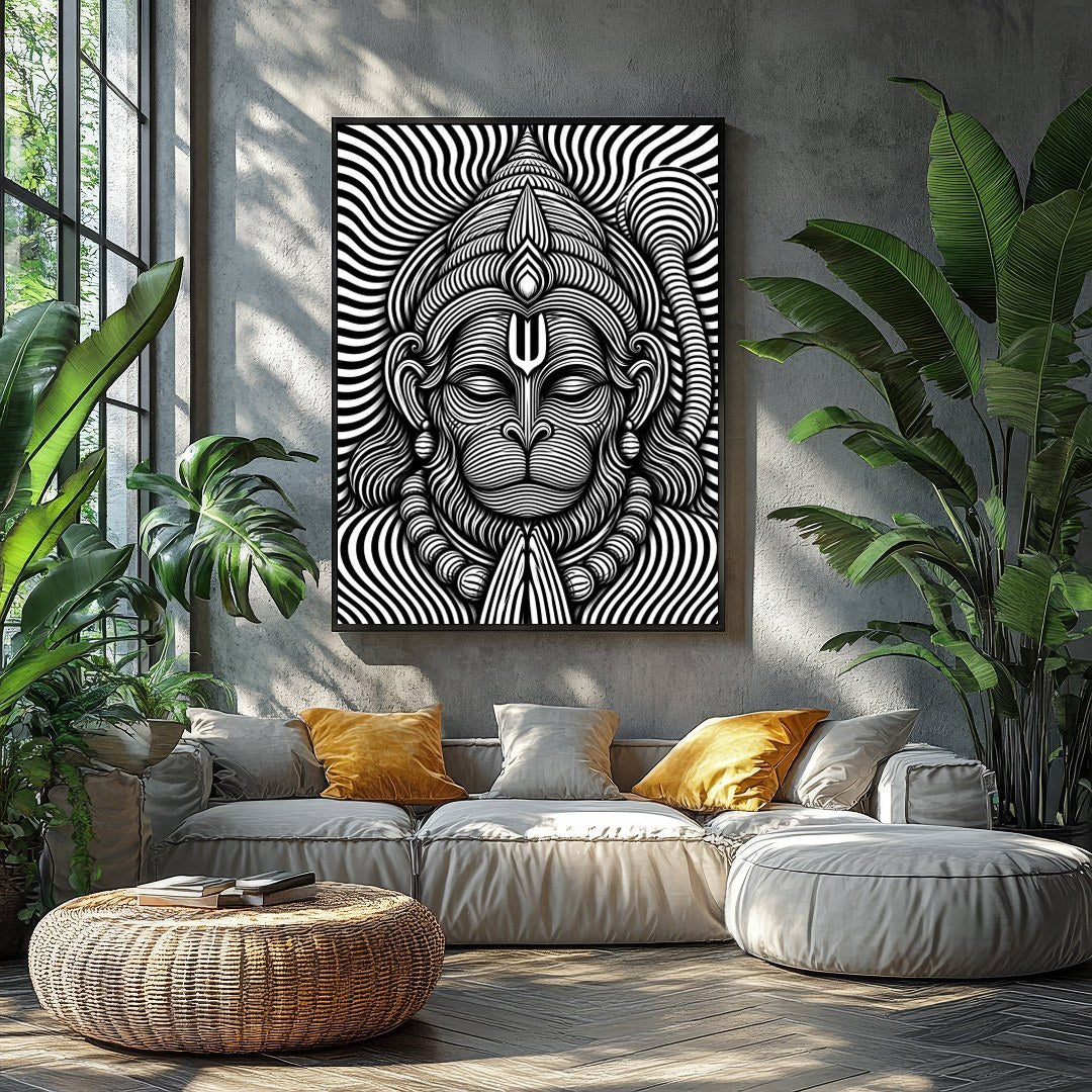 Immerse yourself in this striking monochrome depiction of Lord Hanuman, featuring intricate for Balcony