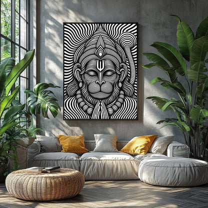 Immerse yourself in this striking monochrome depiction of Lord Hanuman, featuring intricate for Balcony