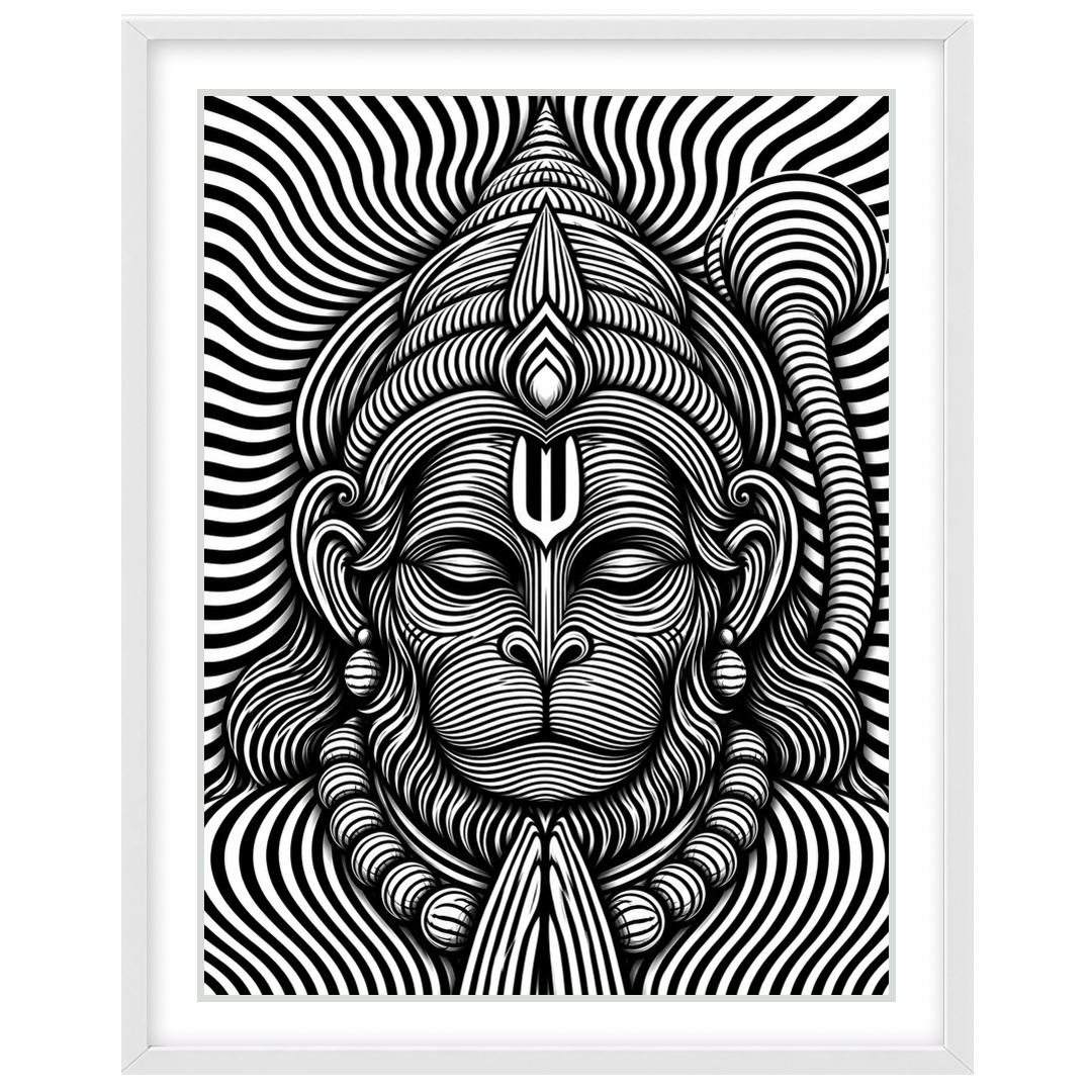 Immerse yourself in this striking monochrome depiction of Lord Hanuman, featuring intricate for Base Portrait White