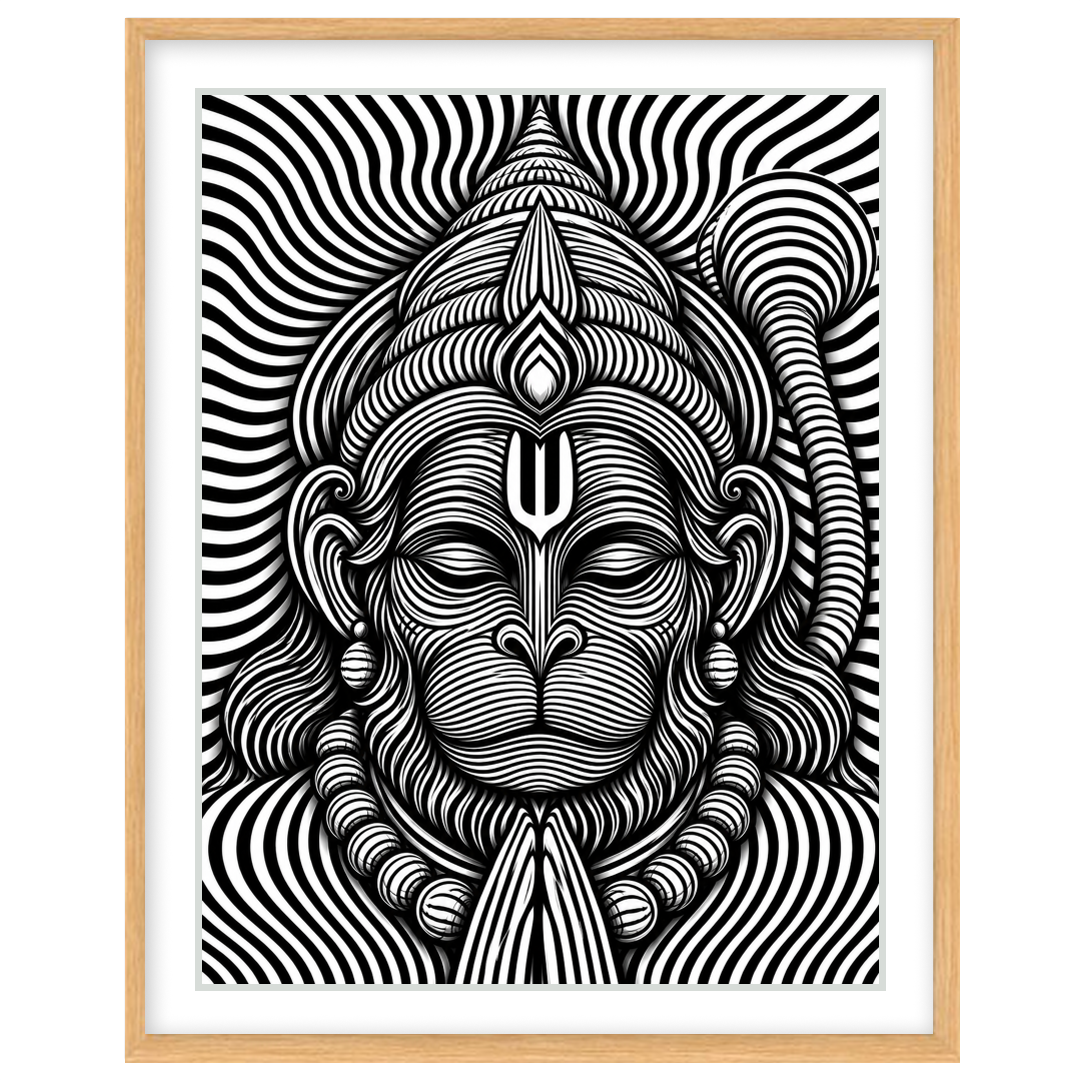 Immerse yourself in this striking monochrome depiction of Lord Hanuman, featuring intricate for Base Portrait Wooden