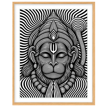 Immerse yourself in this striking monochrome depiction of Lord Hanuman, featuring intricate for Base Portrait Wooden