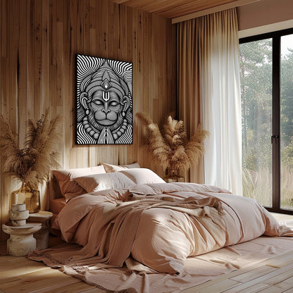 Immerse yourself in this striking monochrome depiction of Lord Hanuman, featuring intricate for Bedroom