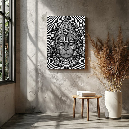 Immerse yourself in this striking monochrome depiction of Lord Hanuman, featuring intricate for Entrance