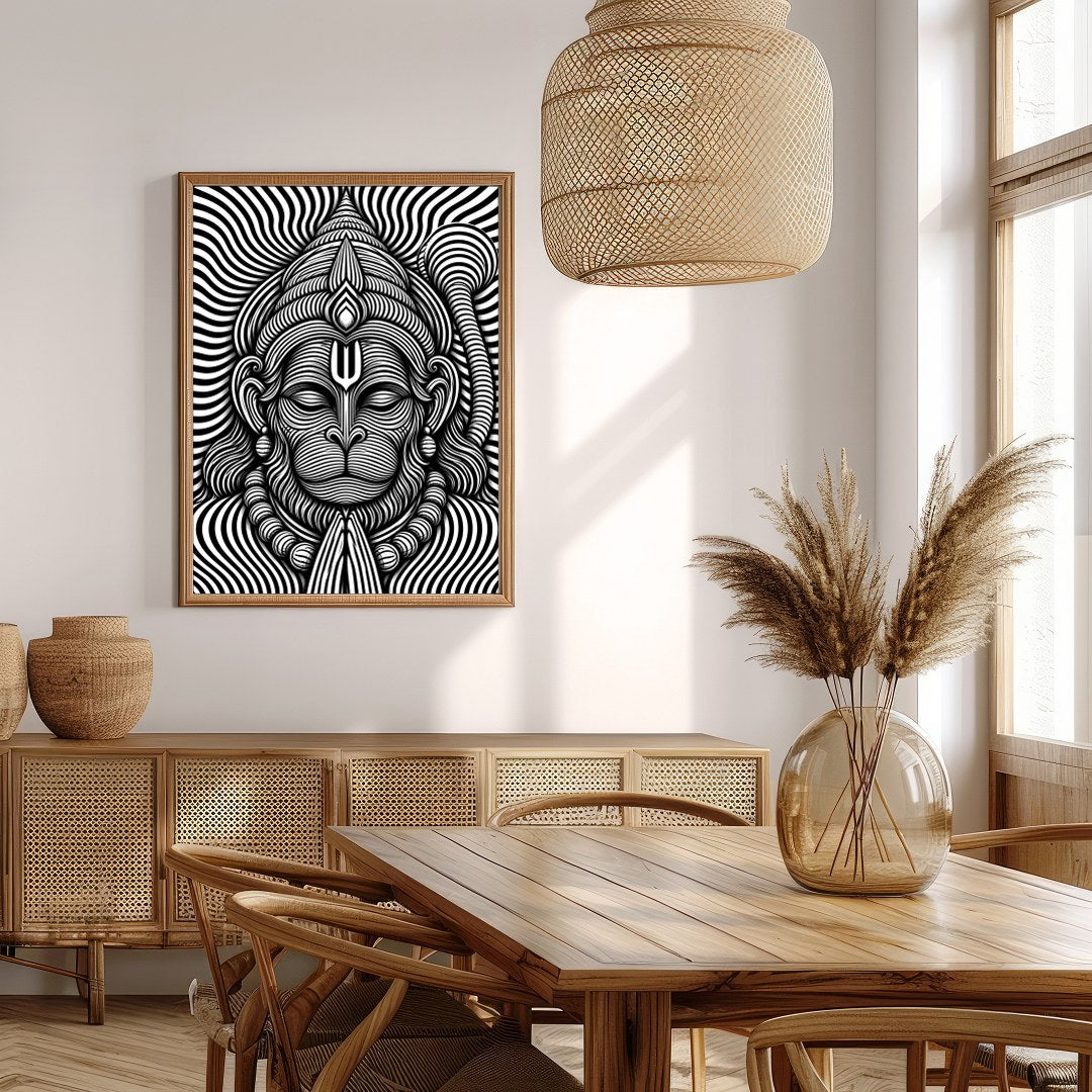 Immerse yourself in this striking monochrome depiction of Lord Hanuman, featuring intricate for Extra Kitchen