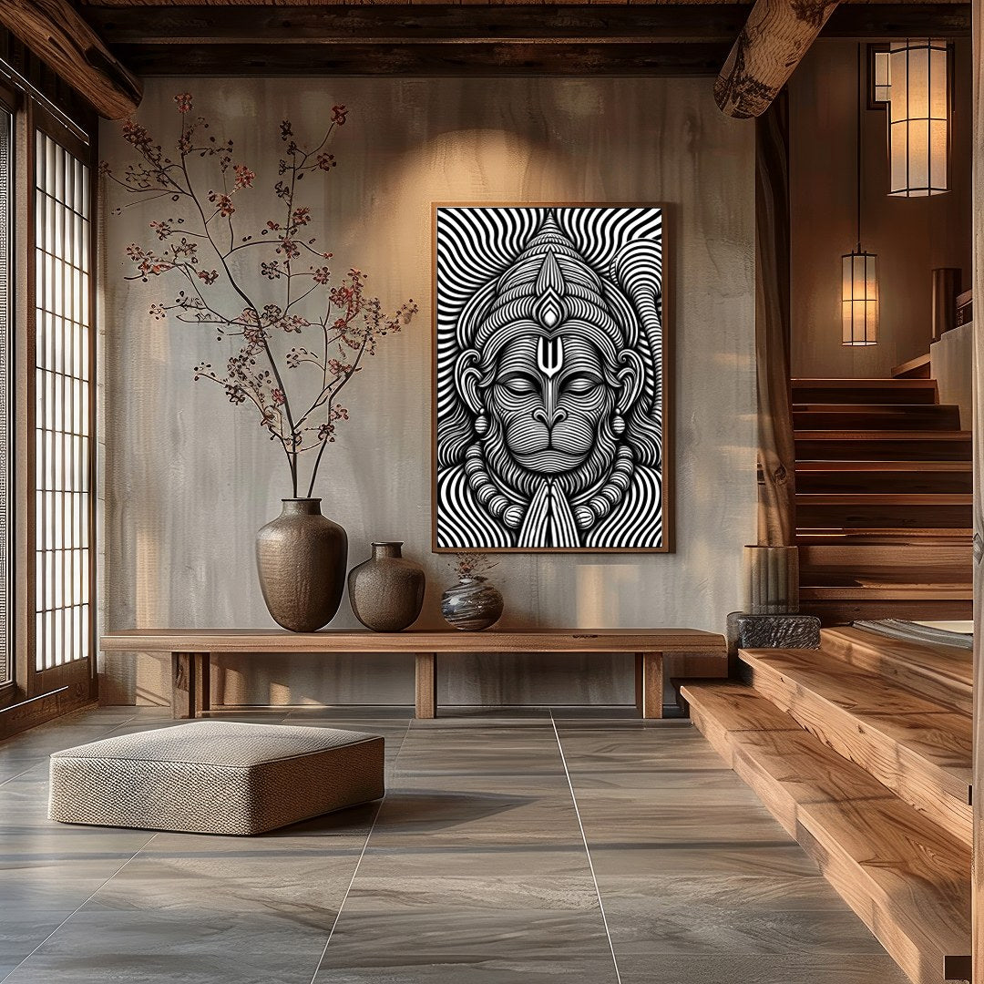 Immerse yourself in this striking monochrome depiction of Lord Hanuman, featuring intricate for Hall