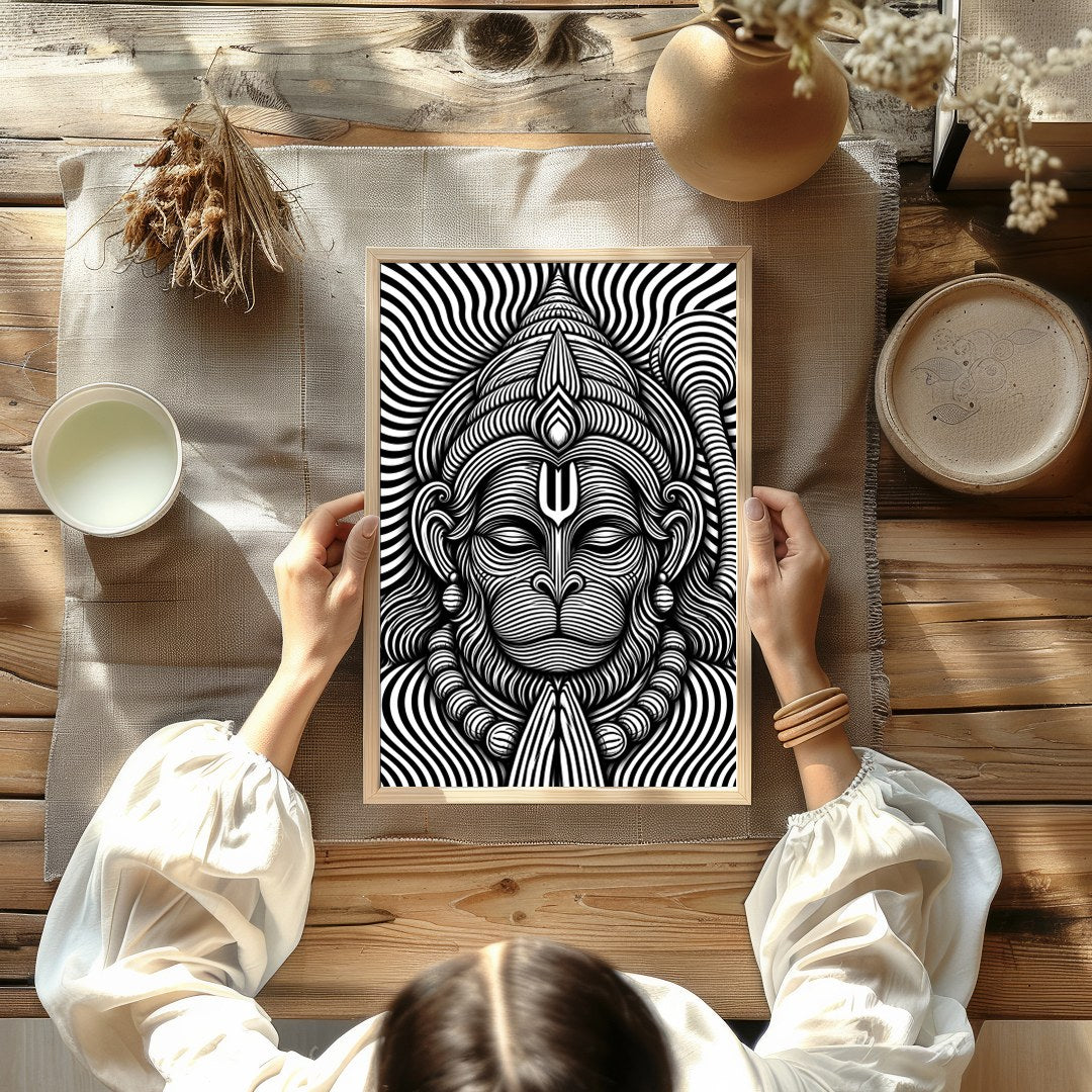 Immerse yourself in this striking monochrome depiction of Lord Hanuman, featuring intricate for Kitchen