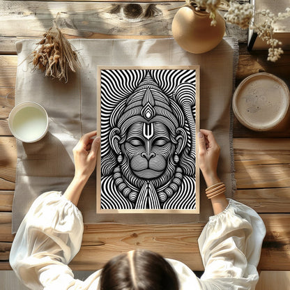 Immerse yourself in this striking monochrome depiction of Lord Hanuman, featuring intricate for Kitchen