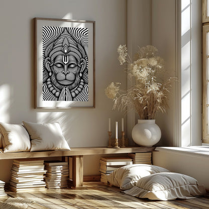 Immerse yourself in this striking monochrome depiction of Lord Hanuman, featuring intricate for room
