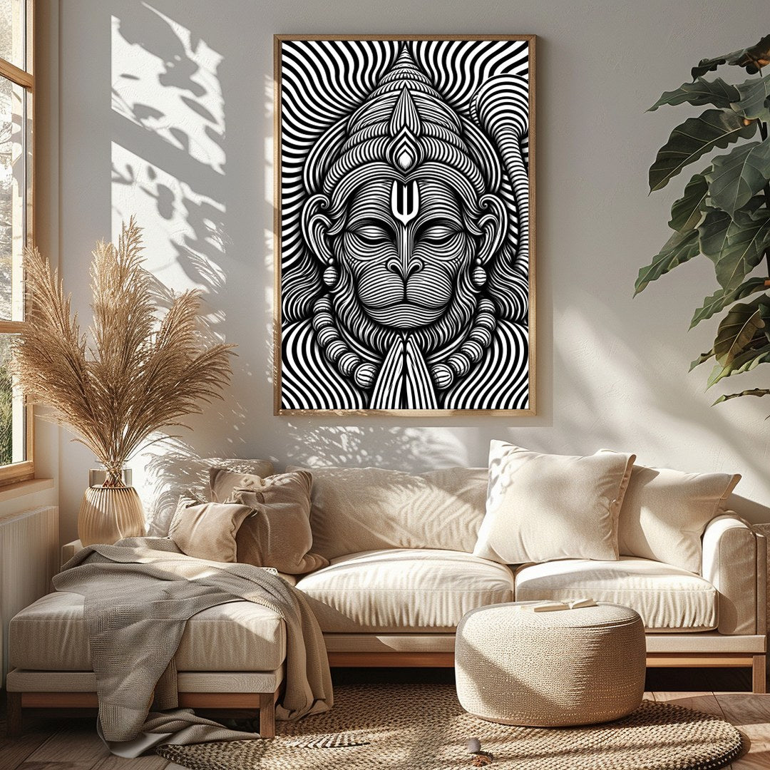 Immerse yourself in this striking monochrome depiction of Lord Hanuman, featuring intricate for Sitting Area