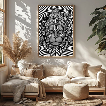 Immerse yourself in this striking monochrome depiction of Lord Hanuman, featuring intricate for Sitting Area