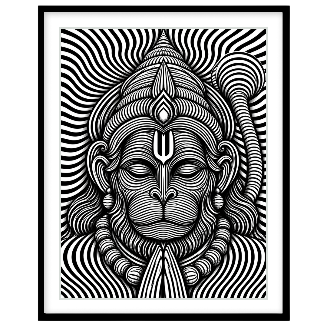 Immerse yourself in this striking monochrome depiction of Lord Hanuman, featuring intricate for space