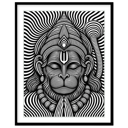 Immerse yourself in this striking monochrome depiction of Lord Hanuman, featuring intricate for space