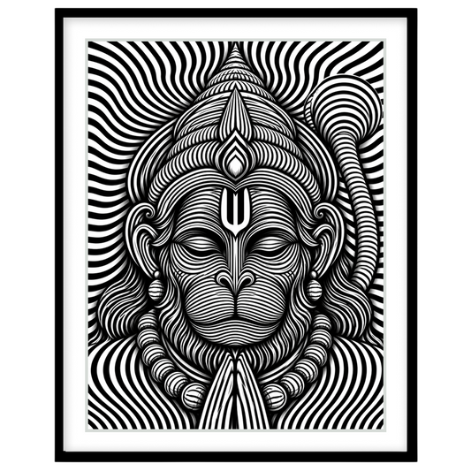 Immerse yourself in this striking monochrome depiction of Lord Hanuman, featuring intricate for space