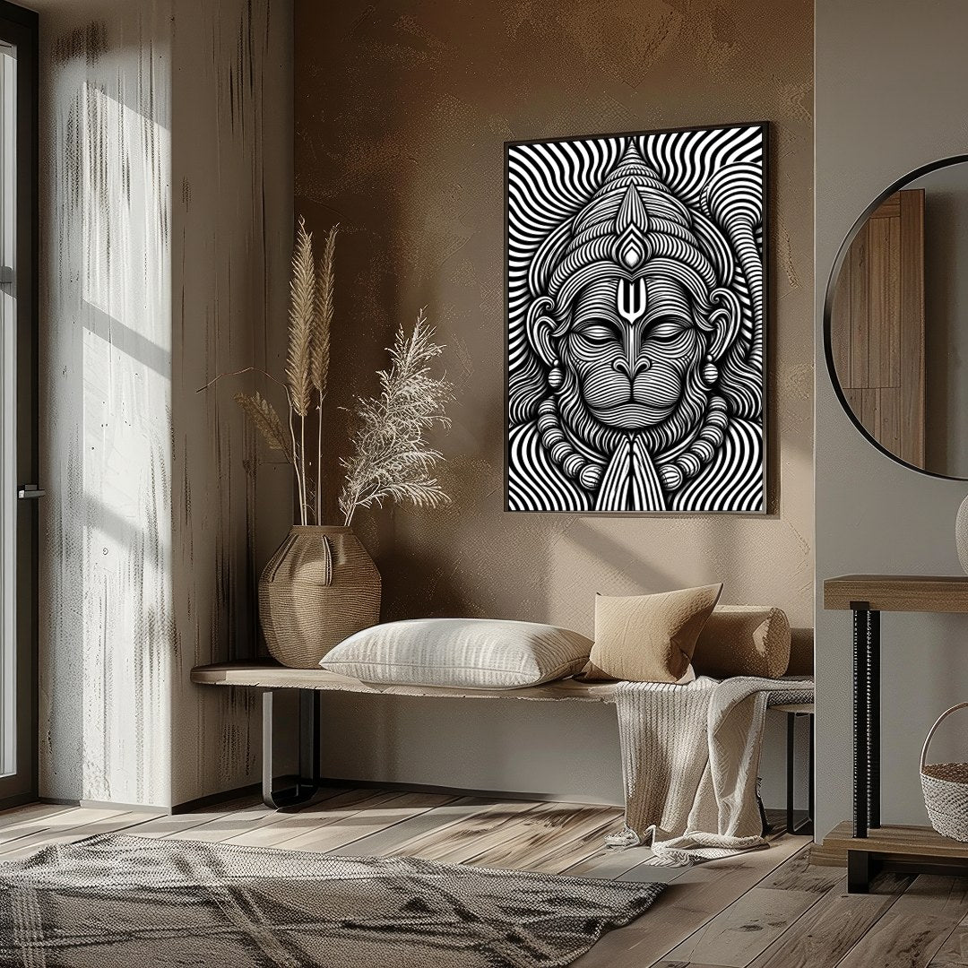 Immerse yourself in this striking monochrome depiction of Lord Hanuman, featuring intricate for studio