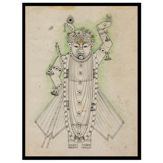 This exquisite Pichwai artwork captures the serene presence of Shrinathji in a minimalist black and for dwelling