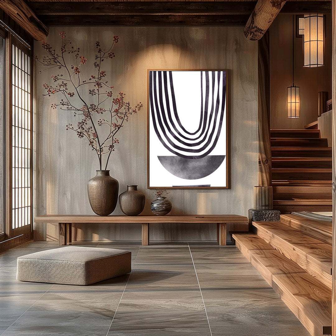 This artwork is a striking example of minimalist design, featuring a series of elegantly draped for Hall