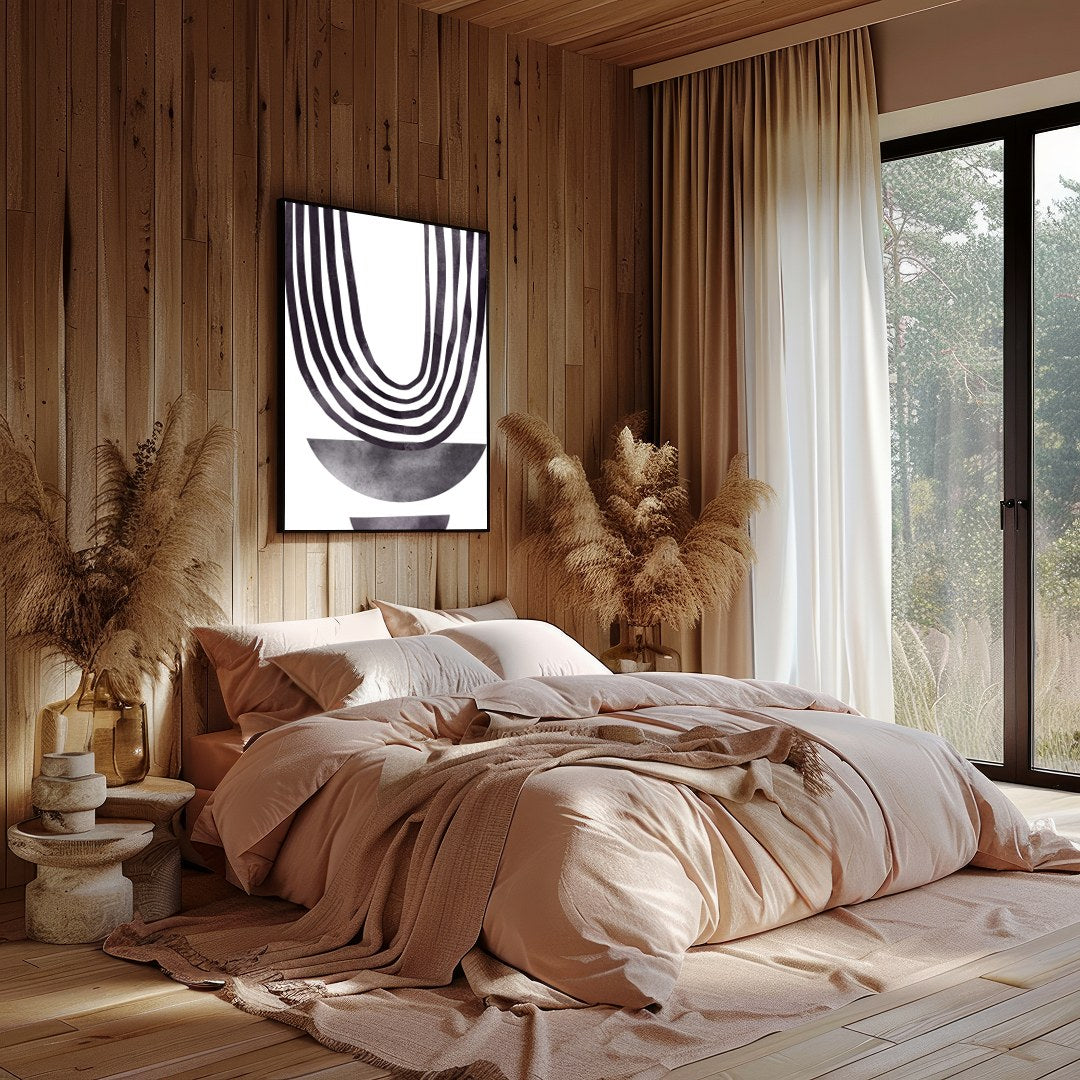 This artwork is a striking example of minimalist design, featuring a series of elegantly draped for nook