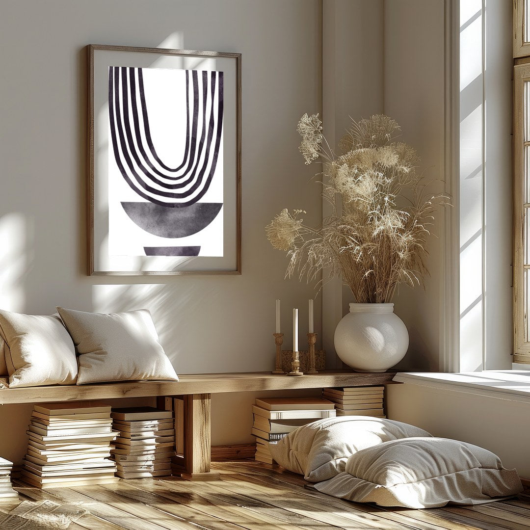 This artwork is a striking example of minimalist design, featuring a series of elegantly draped for studio