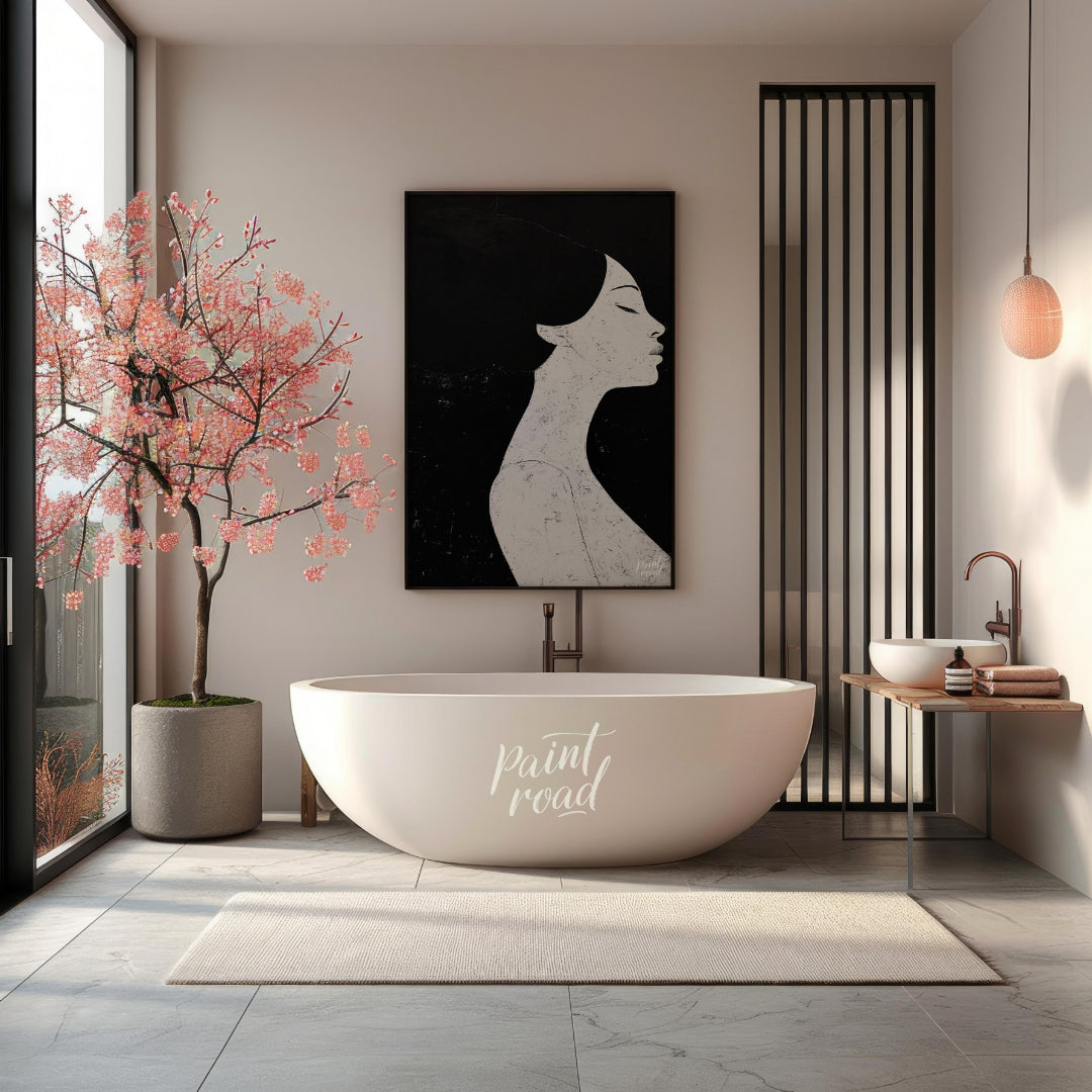 This striking artwork features a woman's profile rendered in stark black and white, creating a powe… for bathroom