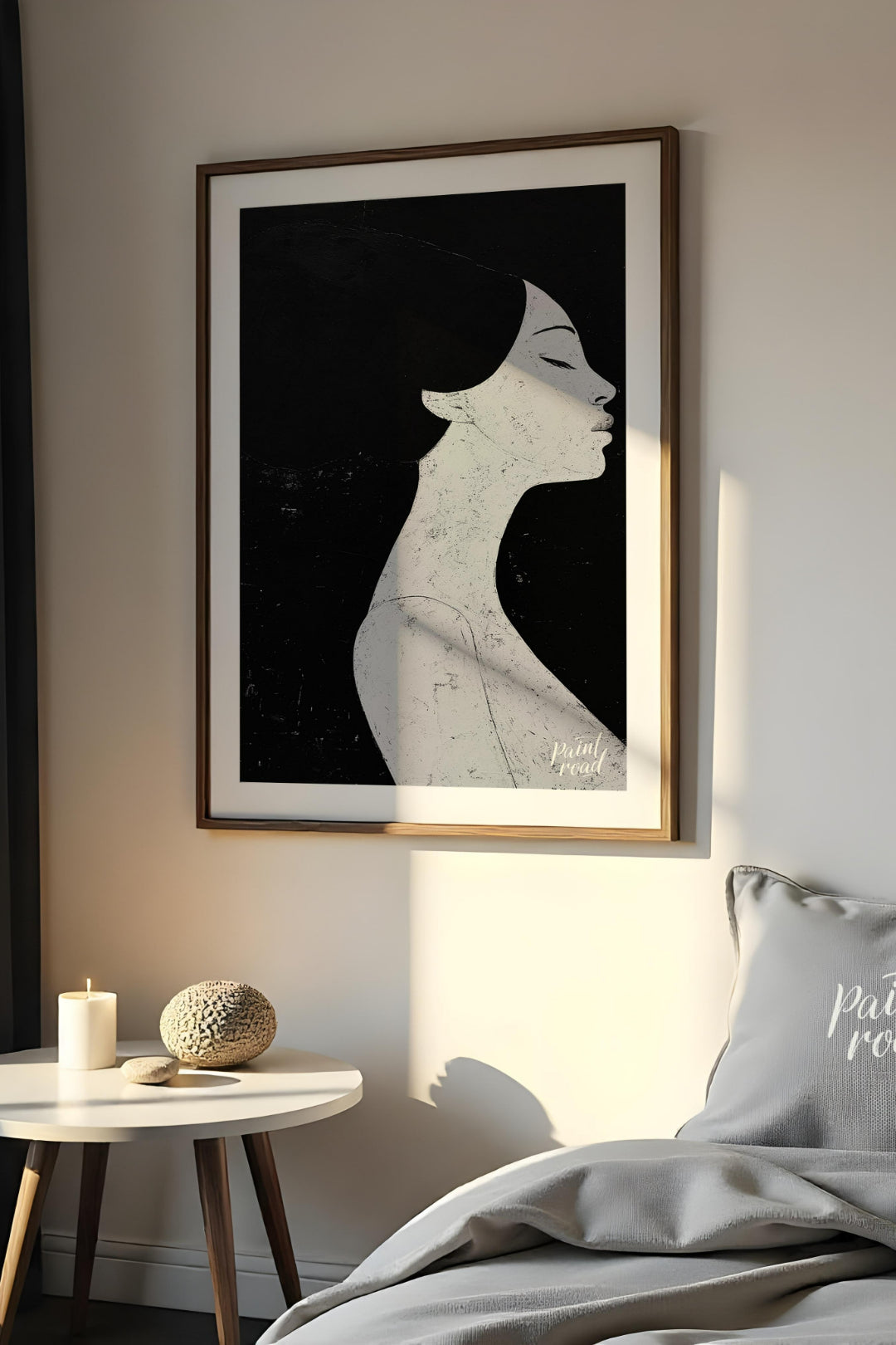This striking artwork features a woman's profile rendered in stark black and white, creating a powe… for bedroom