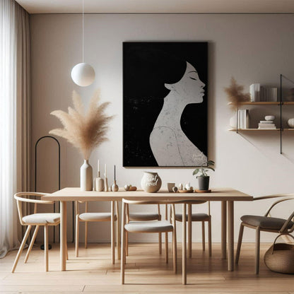 This striking artwork features a woman's profile rendered in stark black and white, creating a powe… for dining room