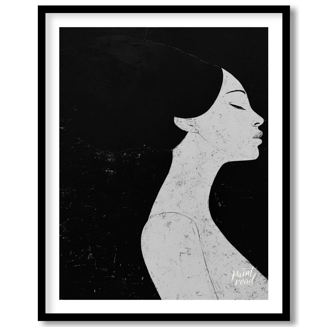 This striking artwork features a woman's profile rendered in stark black and white, creating a powe… for house