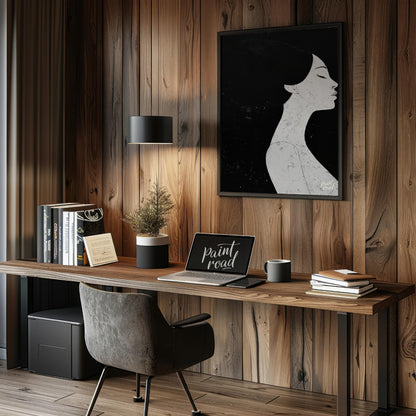 This striking artwork features a woman's profile rendered in stark black and white, creating a powe… for office