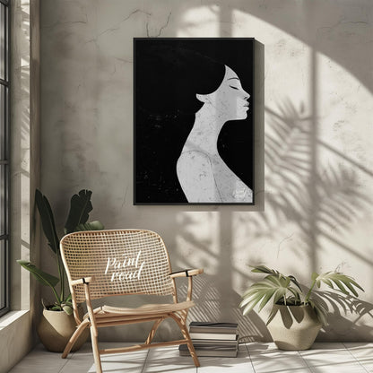 This striking artwork features a woman's profile rendered in stark black and white, creating a powe… for other