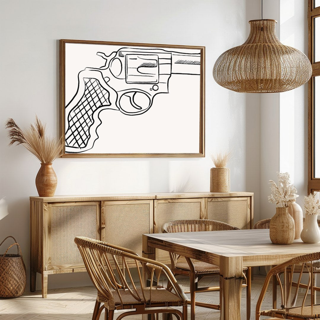 This striking piece showcases a detailed line drawing of a revolver, set against a minimalist for Dining