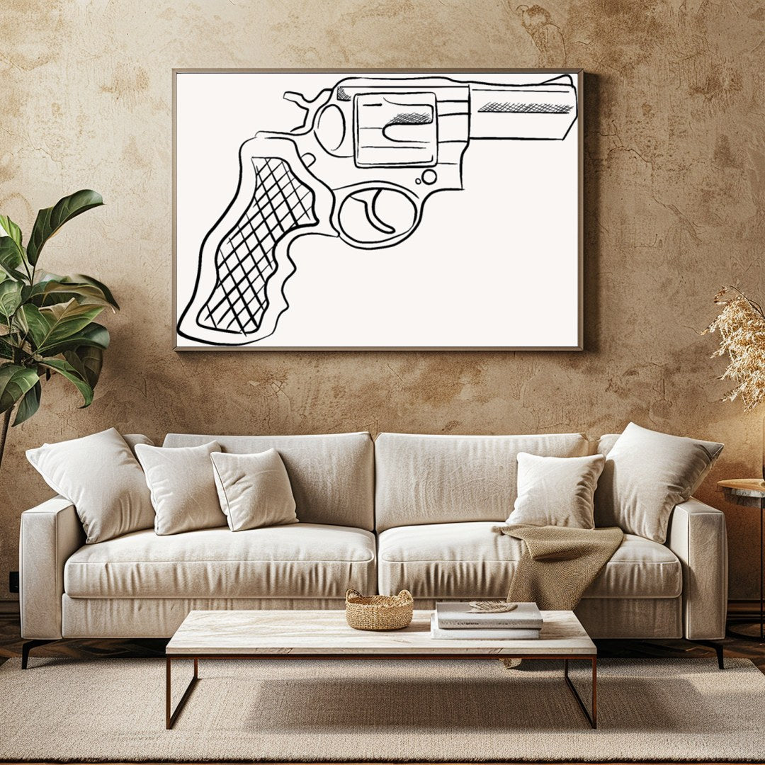 This striking piece showcases a detailed line drawing of a revolver, set against a minimalist for Family Room
