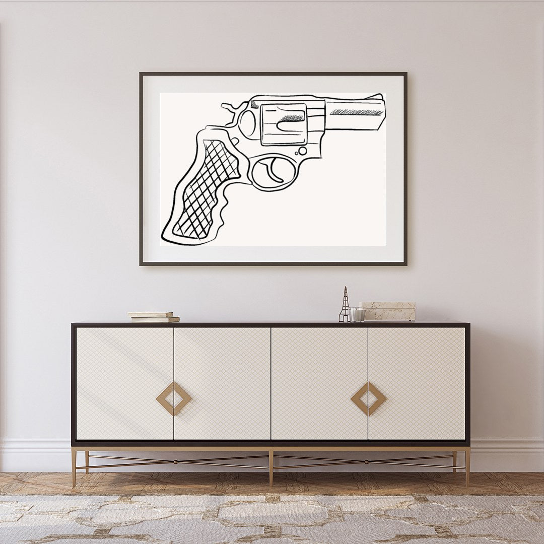 This striking piece showcases a detailed line drawing of a revolver, set against a minimalist for Foyer