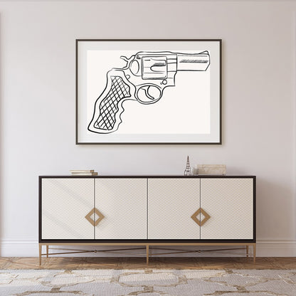 This striking piece showcases a detailed line drawing of a revolver, set against a minimalist for Foyer