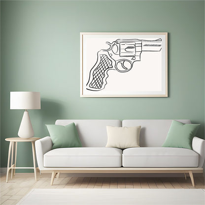 This striking piece showcases a detailed line drawing of a revolver, set against a minimalist for Hall