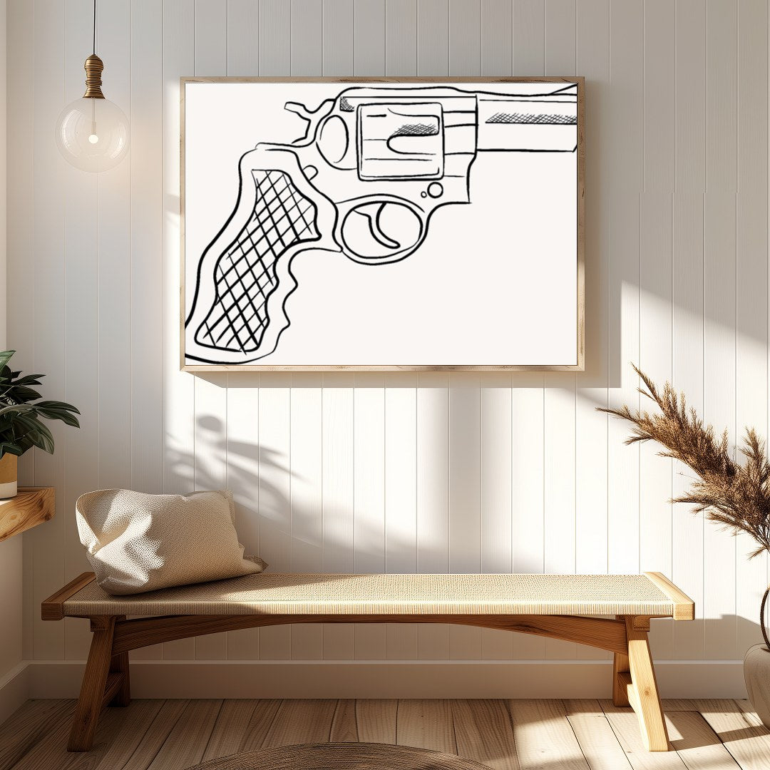 This striking piece showcases a detailed line drawing of a revolver, set against a minimalist for Hallway