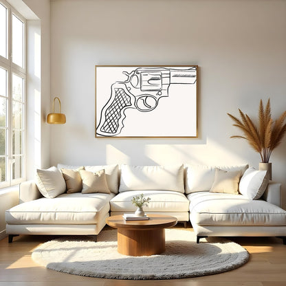 This striking piece showcases a detailed line drawing of a revolver, set against a minimalist for Living Room