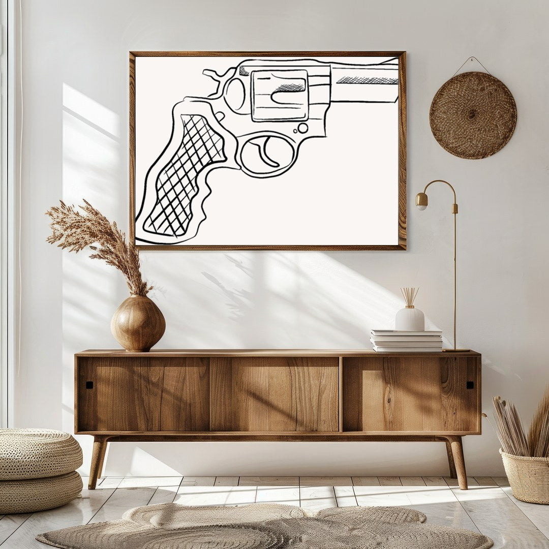This striking piece showcases a detailed line drawing of a revolver, set against a minimalist for Sitting Area