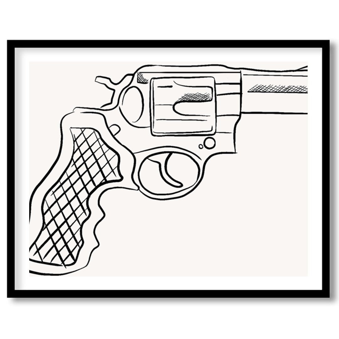 This striking piece showcases a detailed line drawing of a revolver, set against a minimalist for space