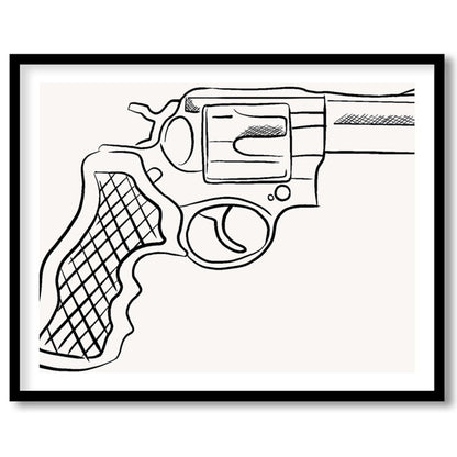 This striking piece showcases a detailed line drawing of a revolver, set against a minimalist for space