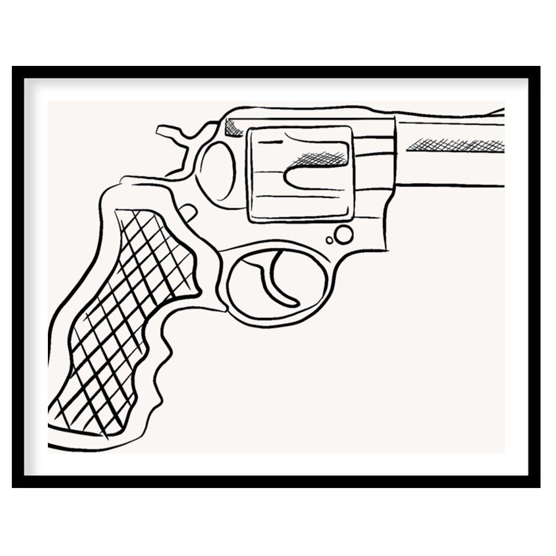 This striking piece showcases a detailed line drawing of a revolver, set against a minimalist for space