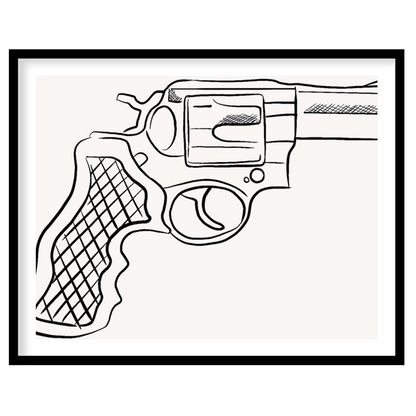 This striking piece showcases a detailed line drawing of a revolver, set against a minimalist for space