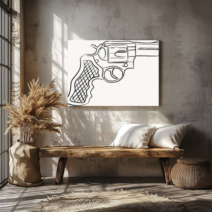 This striking piece showcases a detailed line drawing of a revolver, set against a minimalist for Veranda