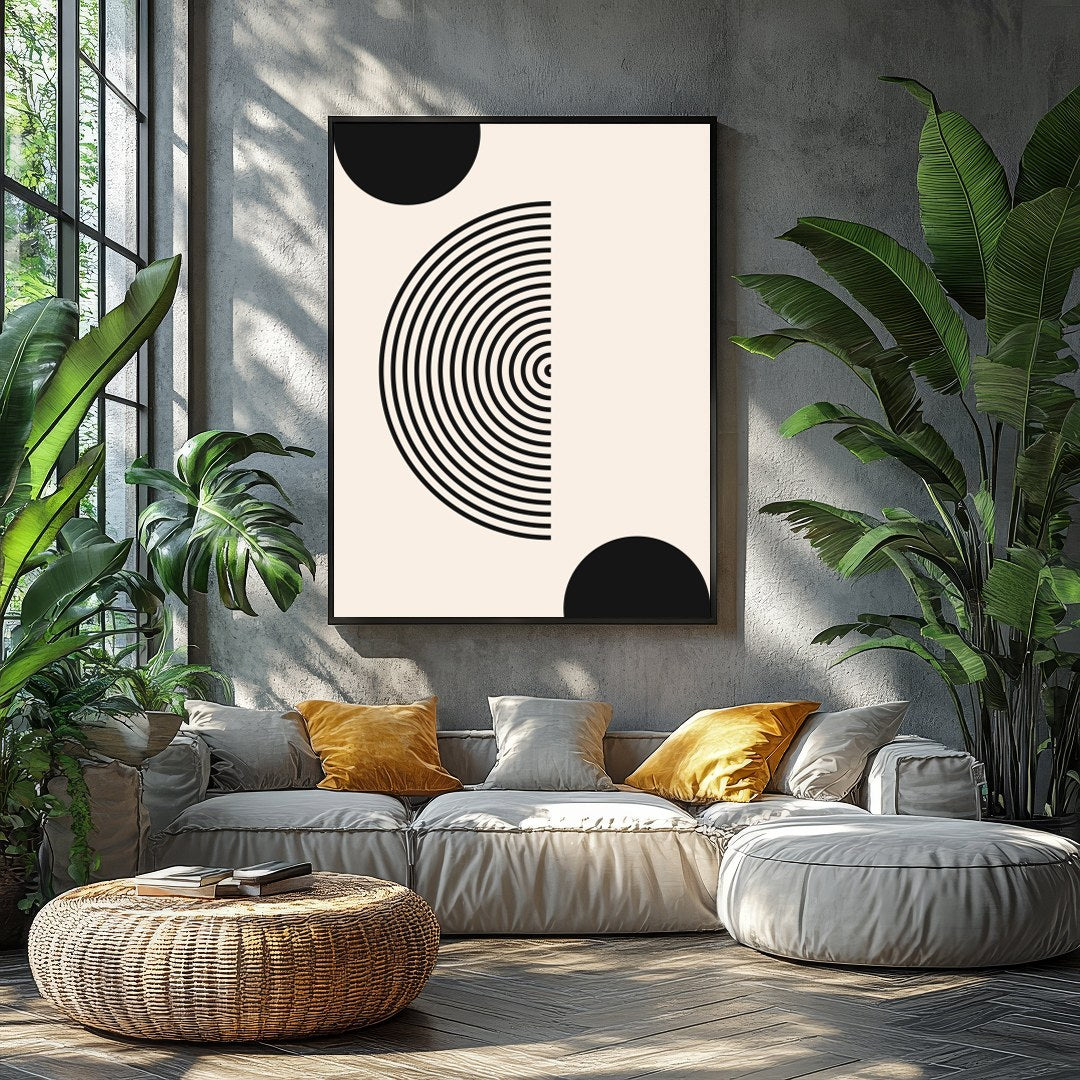 Dive into simplicity with this striking abstract piece featuring bold black spheres interwoven with for Balcony