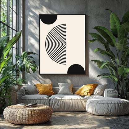 Dive into simplicity with this striking abstract piece featuring bold black spheres interwoven with for Balcony